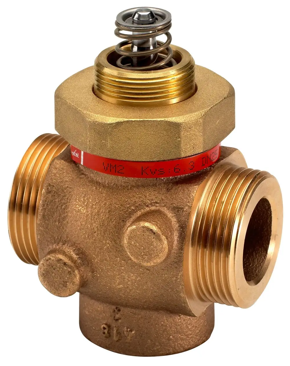 Durchgangsventil von Danfoss mit metallischem Gehäuse, zwei Anschlussgewinden und einer oberen Federmechanik zur Steuerung des Durchflusses.